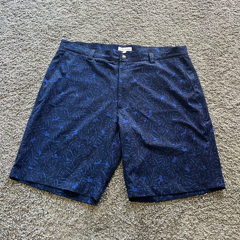 Peter Millar Crown Sport Stretch Chino Golf Shorts Blue Tropical Leaf Mens 36 9”